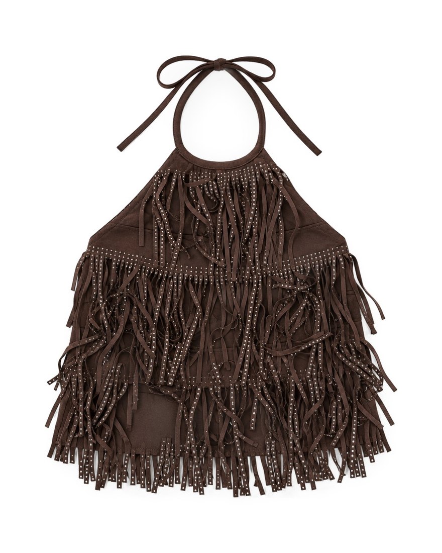 Zara studded fringe faux-suede halter top