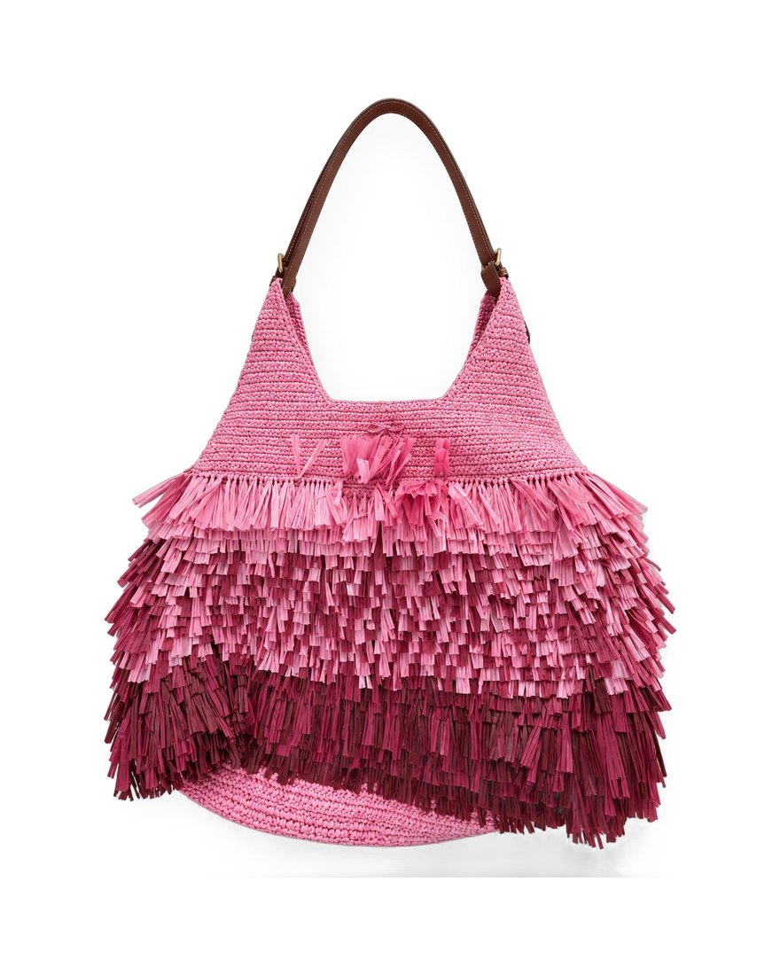 Anya Hindmarch pink raffia fringe hobo bag