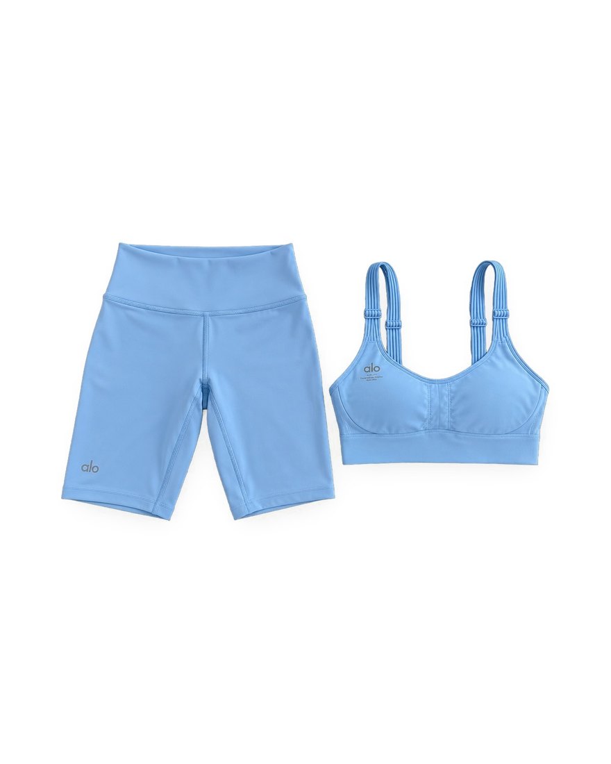 Alo Yoga sky blue biker shorts and sports bra set