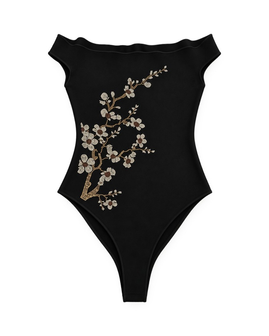 Zara black off-shoulder bodysuit with beaded blossom embroidery