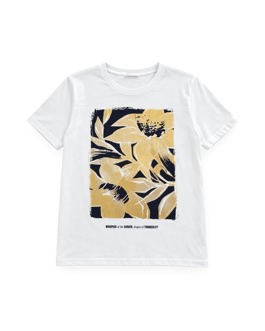 Zara white T-shirt with gold foil floral print