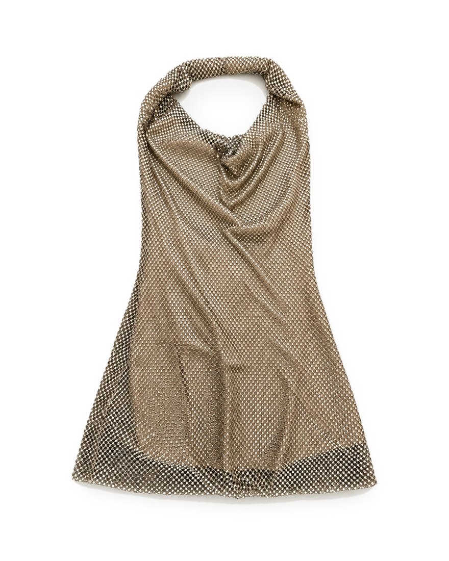 Zara gold rhinestone mesh halter mini dress, front