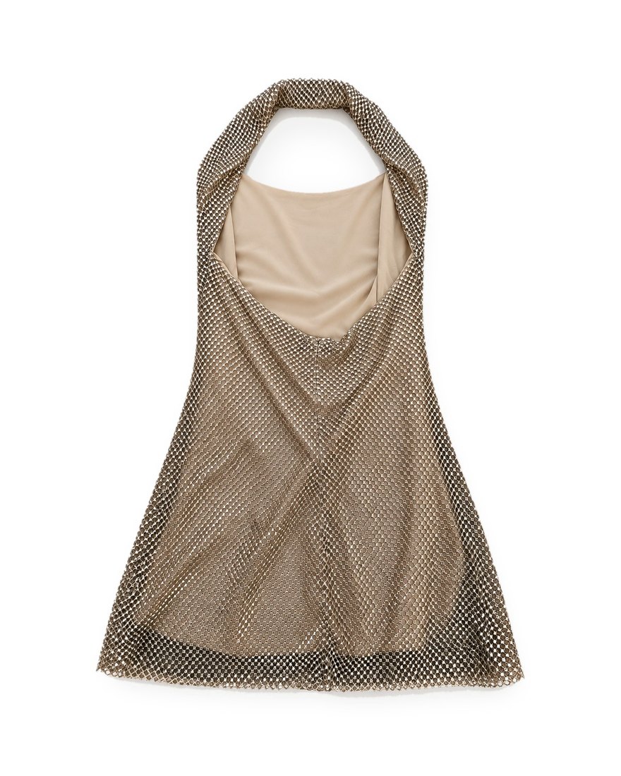 Zara gold rhinestone mesh halter mini dress, back