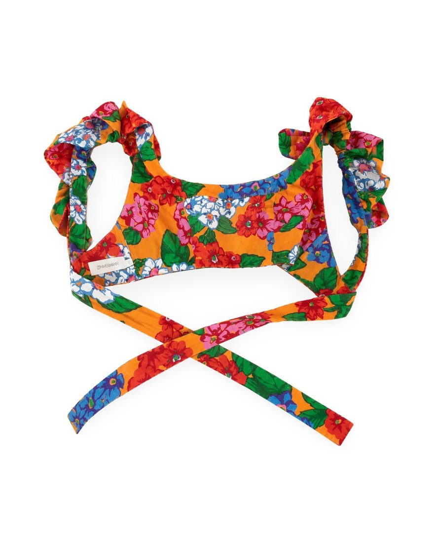 Zimmermann floral ruffle crop top, back with ties