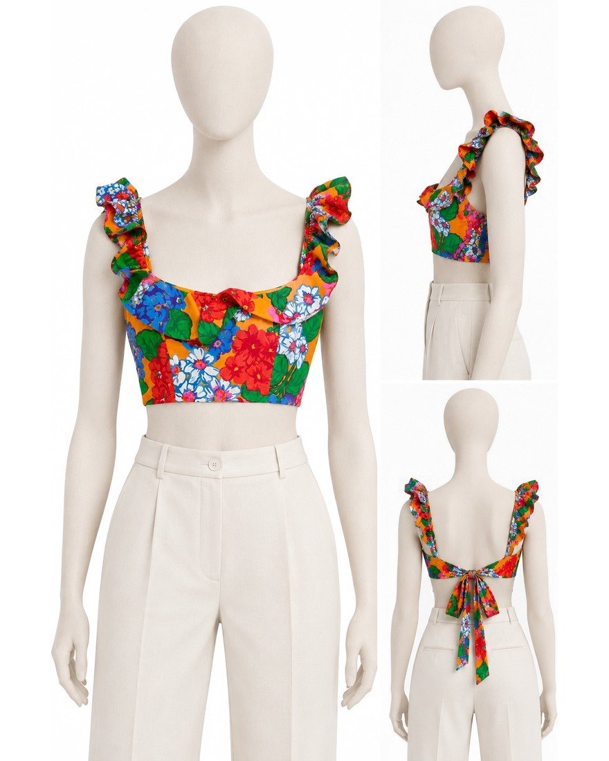 Zimmermann floral ruffle crop top on a mannequin, front, side and back