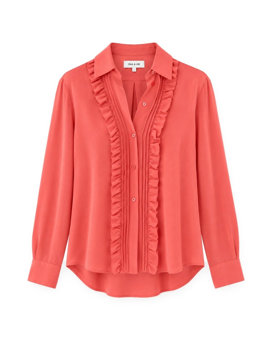 Paul & Joe coral silk ruffle-front blouse