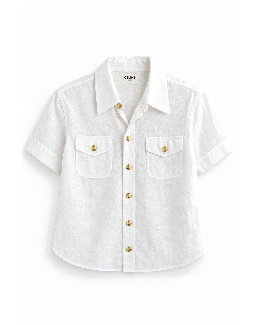 Celine white linen short-sleeve shirt with Triomphe buttons