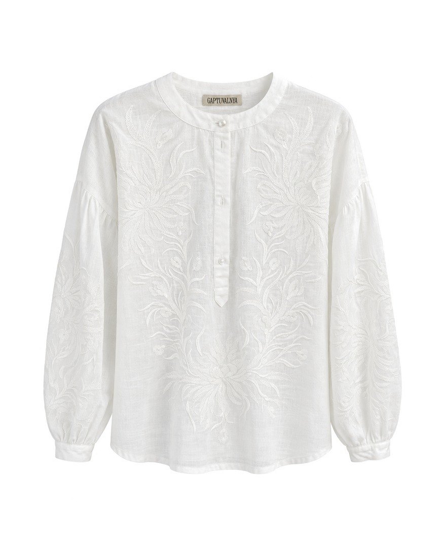 Gaptuvalnya white linen blouse with tonal embroidery