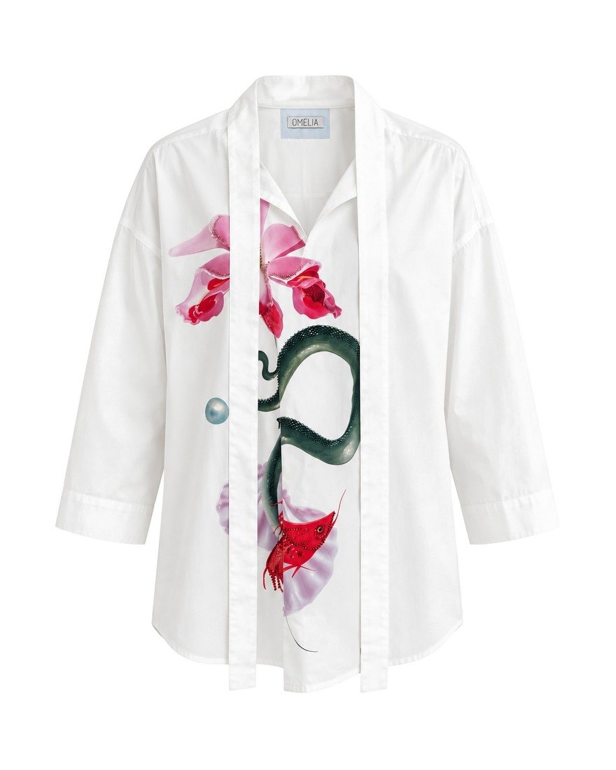 Omelia white cotton shirt with printed orchid, snake and shrimp