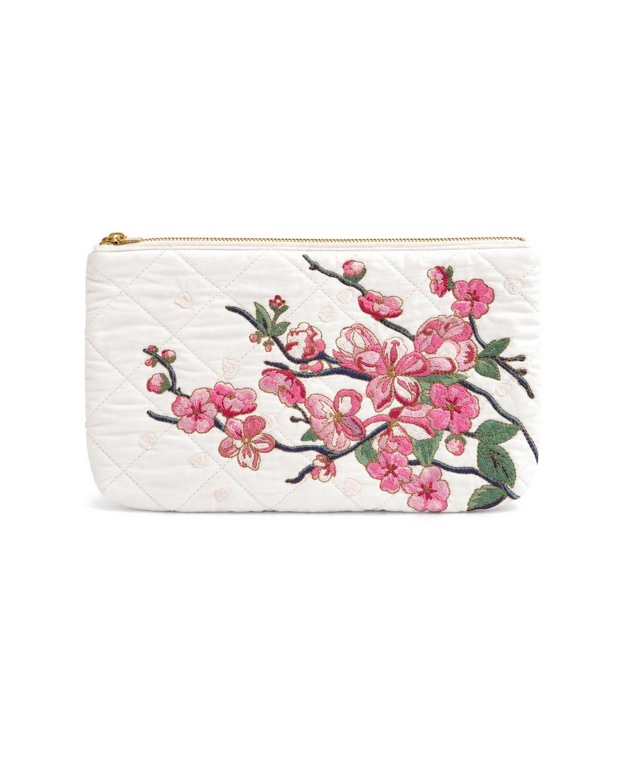 Elizabeth Scarlett quilted cherry blossom embroidered pouch