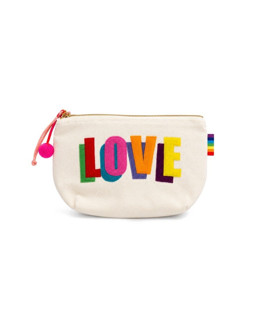 Cream canvas pouch with rainbow felt LOVE appliqué