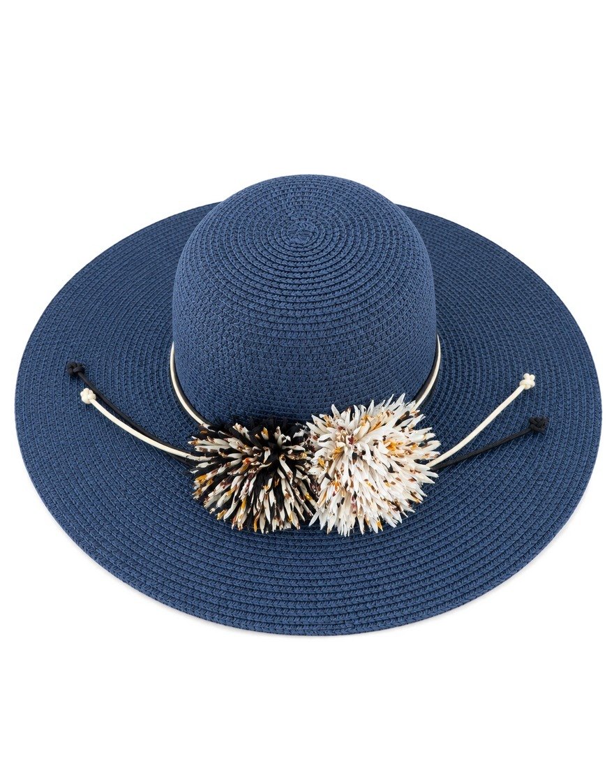 Black Ginger navy wide-brim straw sun hat with pom-poms