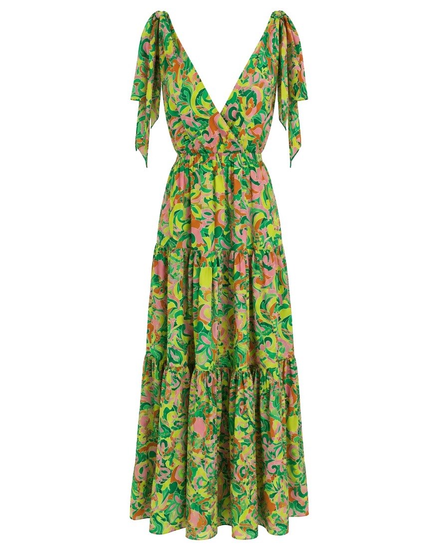 J.Crew green and pink printed tiered maxi dress with tie shoulders