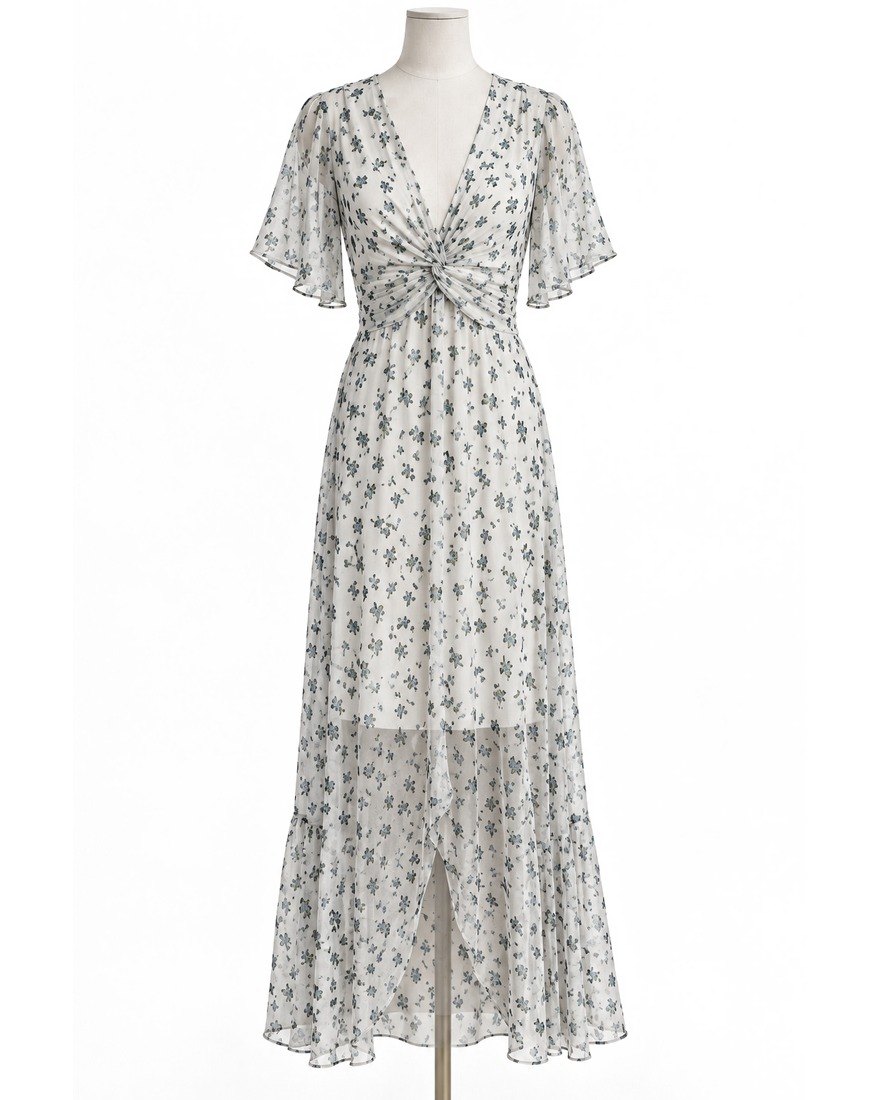 rag & bone ivory floral chiffon maxi dress on a mannequin