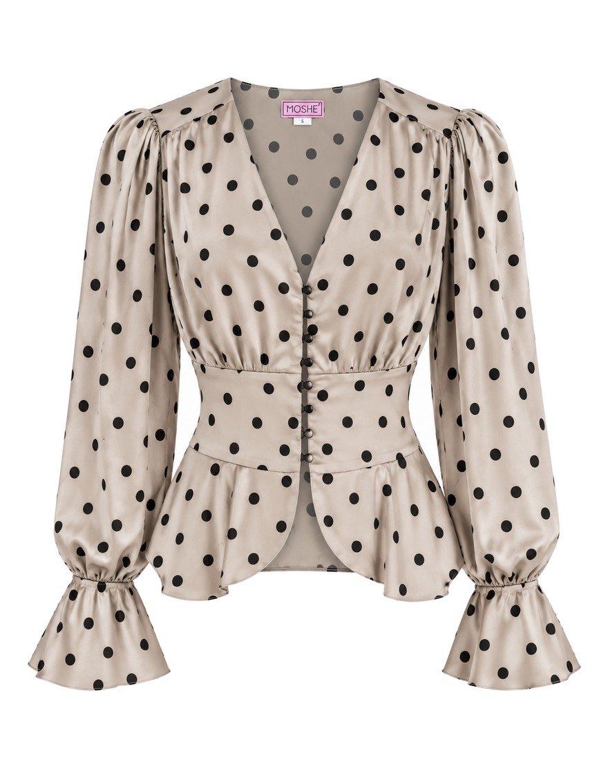 Moshe beige polka-dot satin blouse with puff sleeves