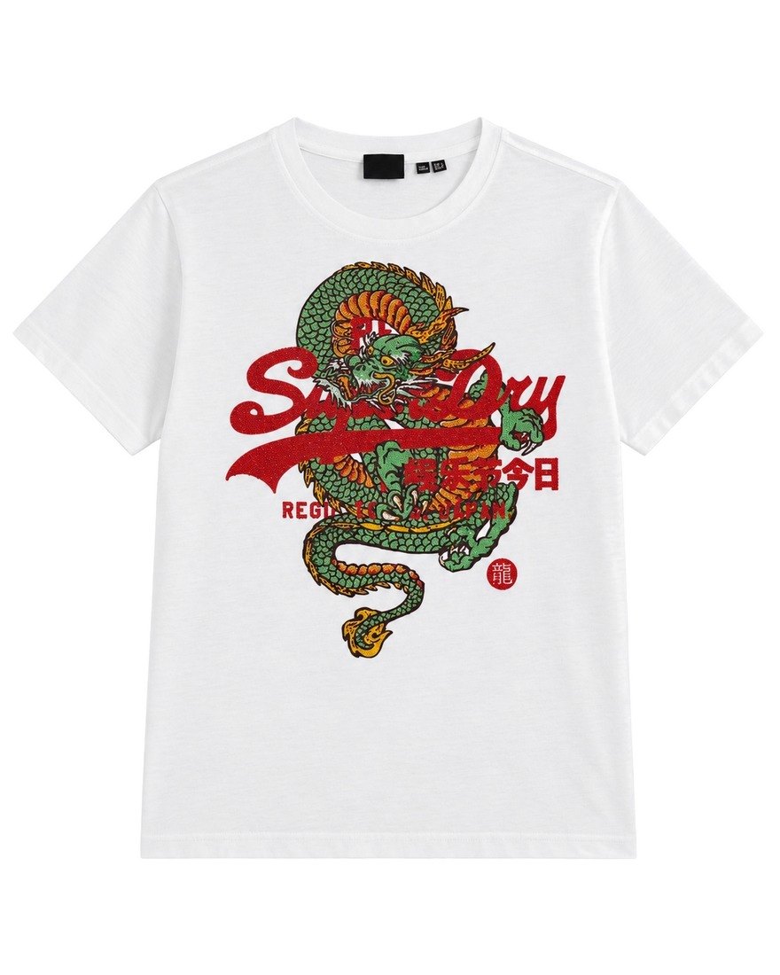 Superdry white T-shirt with rhinestone dragon logo print
