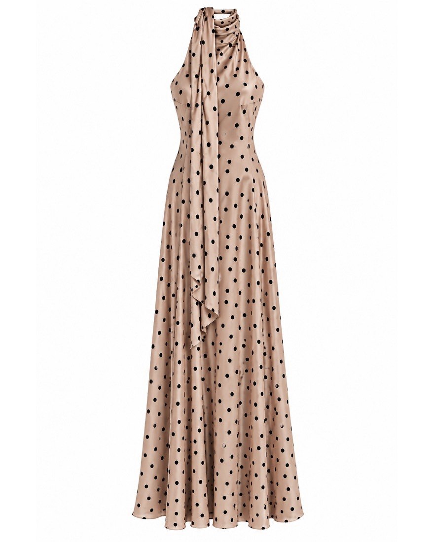 Moshe Holiday taupe polka-dot satin halter maxi dress with scarf neck