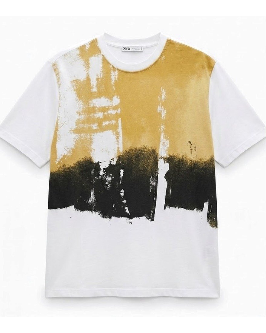 Zara white T-shirt with gold and black brushstroke print