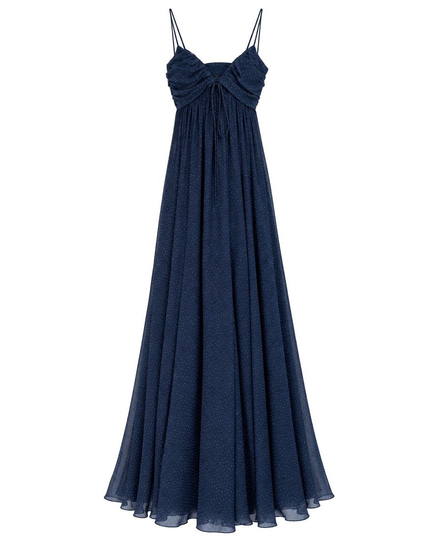 Zara navy pin-dot chiffon empire maxi dress