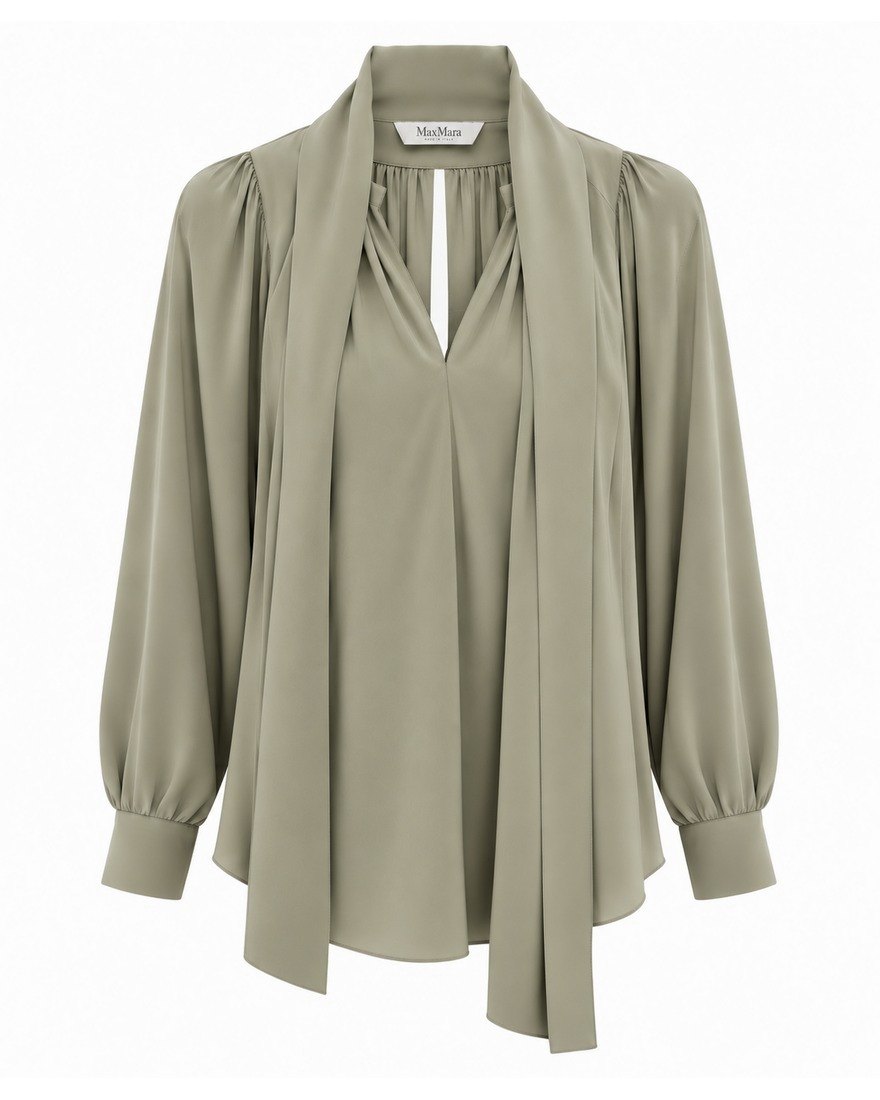 Max Mara sage green silk pussy-bow blouse