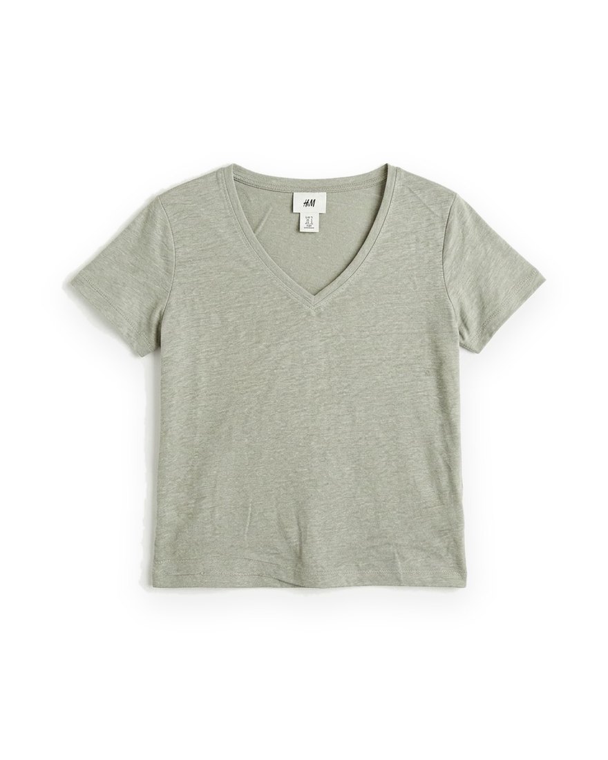 H&M sage green linen V-neck T-shirt