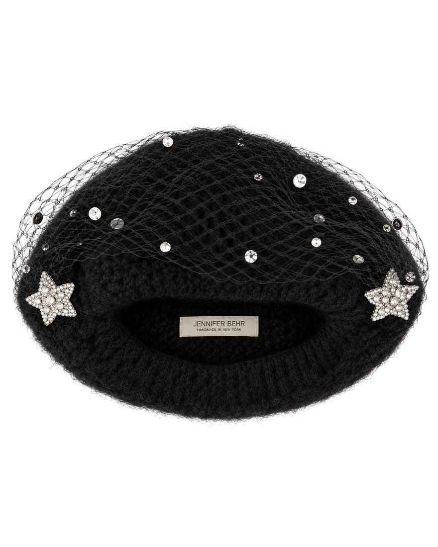 Jennifer Behr black knit beret with crystal veil and pearl stars