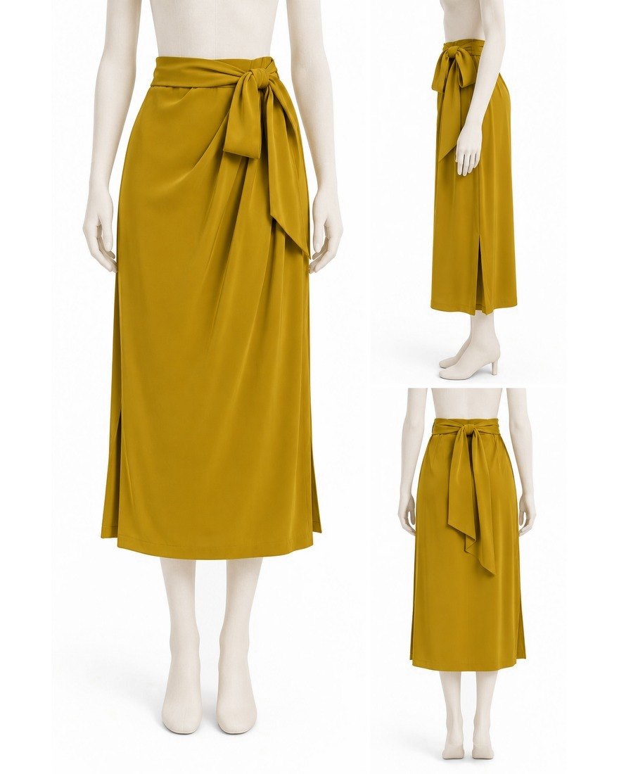 Adolfo Dominguez mustard midi skirt on a mannequin, front, side and back